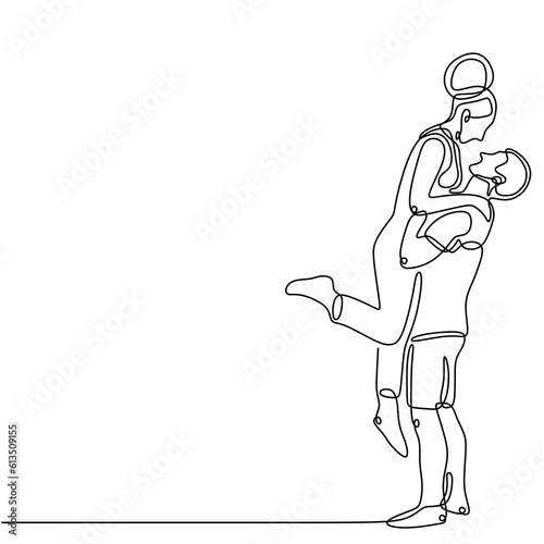 one line drawing of hugging couple relationship. Guy hugs girl and lifts her up. Human relationship  sincere feelings. - Vector illustration isolated on white background.