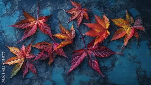 Fall red leaves on blue background. Top view. Generative Ai