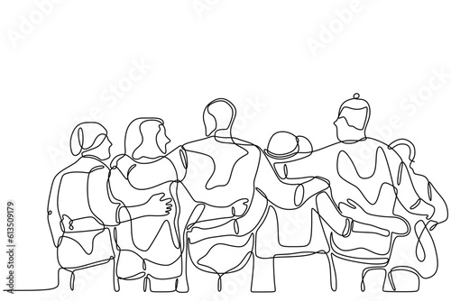 One line drawing of group of men and women standing together showing their friendship isolated on white background.