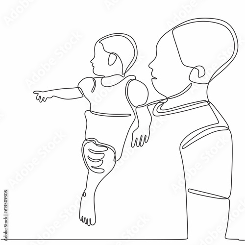 father hug child line art. One continuous line drawing banner, background, poster with family embrace. Happy Father Day simple vector illustration of child and father.