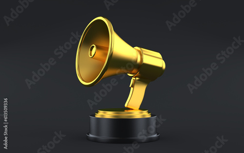 Gold loudspeaker symbol trophy on black background. 3d illustration