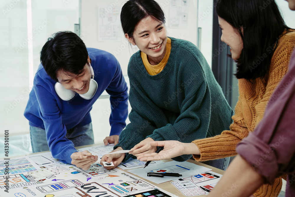 Fototapeta premium Team of Creative Web, Graphic Designer planning, drawing website ux ui app for mobile phone application and development template layout, process to developing prototype wireframe.