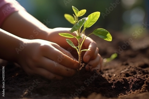 Sunlit seeds of change: Young hands cradle plants, sunlight accentuating growth. Earth Day's call for environmental action. Generative AI
