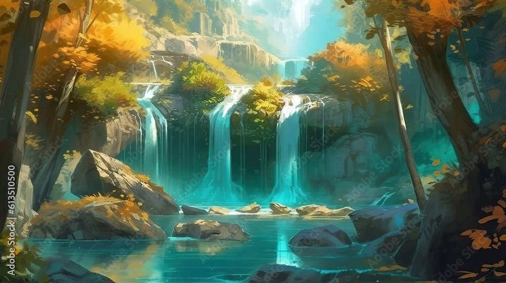 waterfalls in forest, bright color. Generative Ai