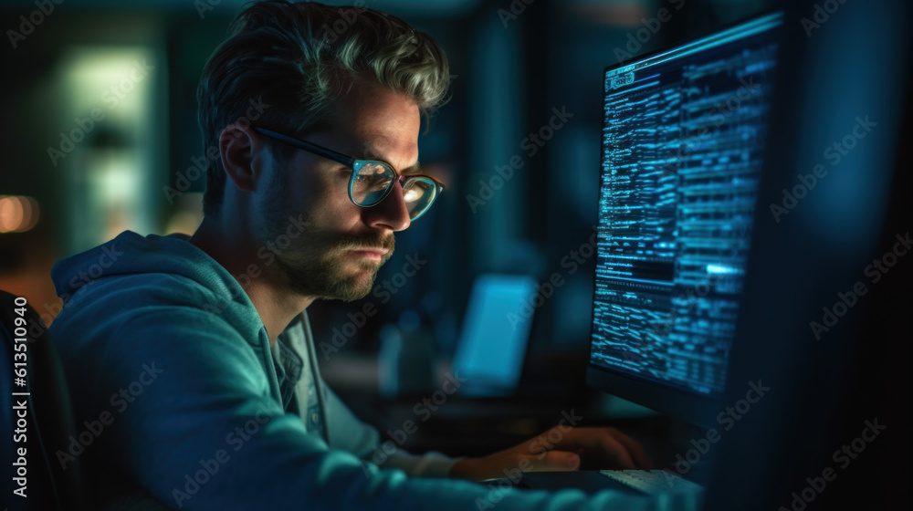 Programmer writes code created with generative AI technology Programmer writes code created with generative AI technology