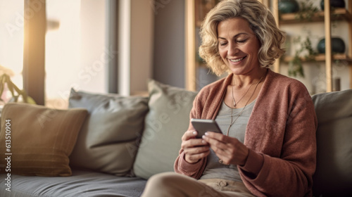 An elderly woman reads the news using a smartphone created with generative AI technology