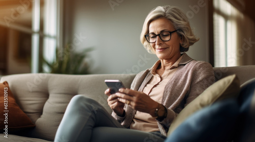An elderly woman reads the news using a smartphone created with generative AI technology