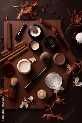 Beautiful spa composition on brown background. Natural skincare cosmetic products. AI generated