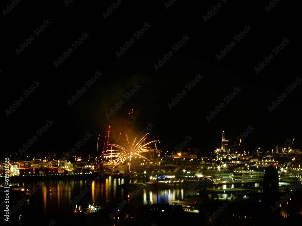 fireworks over Genoa harbour, Liguria, Italy