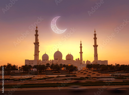 ramadan Kareem background. Sheikh Zayed grand mosque with crescent moon, Abu Dhabi. capital city of United Arab Emirates. Islamic Greeting Cards for Muslim Holidays.