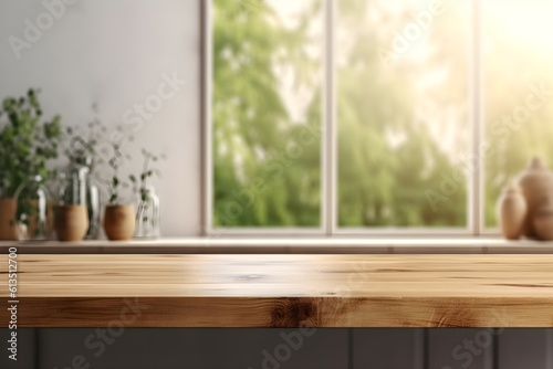 empty wood table top blurry modern kitchen interior background  generative ai