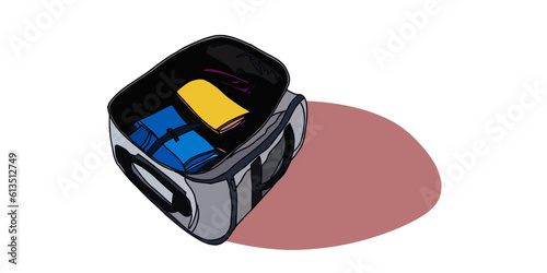 Opened travel bag suitcase with blue and yellow clutch isolated on white background vector illustration wallpaper 