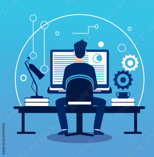 Flat vector illustration of a man working at a computer in blue tones