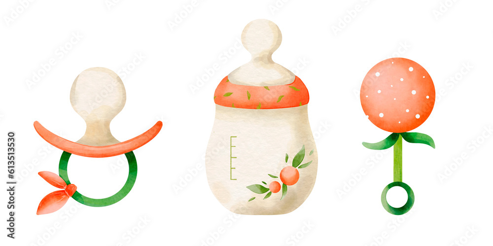 Set of child objects - bottle, pacifier, rattle. Watercolor illustration in orange, green and white colors
