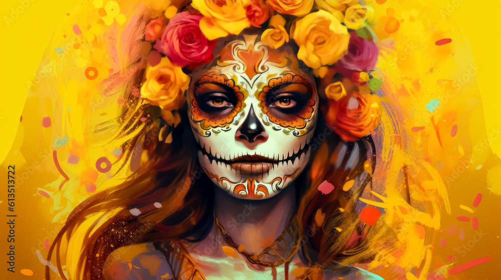 Girl in day of the dead outfit, with flowers on her head,