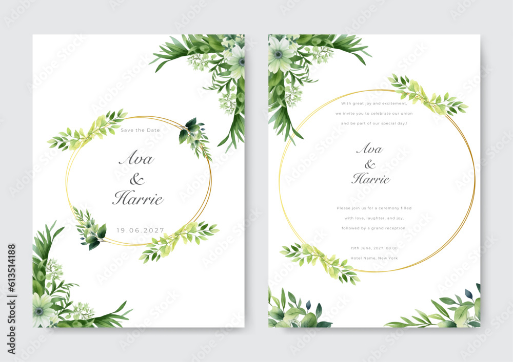 Bridal shower invitation with tropical leaves ornament watercolor background. Gardenn theme wedding invitation card.
