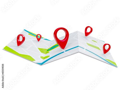 Folded maps navigation with red color point markers map. World travel pin location on a global map for travel tourism trip planning world tour. 3d rendering