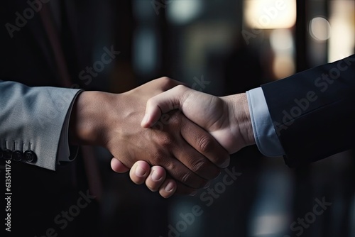 Business Handshake Congratulating. Close up hand of Two Men in Suits Shaking Hands
