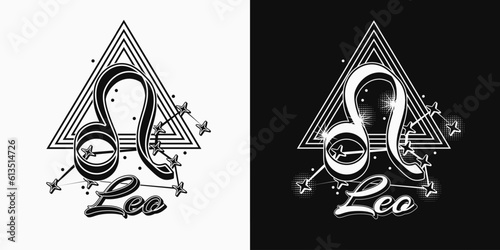 Black and white icon of zodiac sign Leo with constellation with stars, text, triangle as alchemical symbol for fire element. Horoscope esoteric elements. Vintage style.