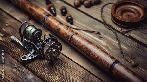 Fishing rod, spoon, hooks on a brown wooden background. fishing bait. Generative Ai