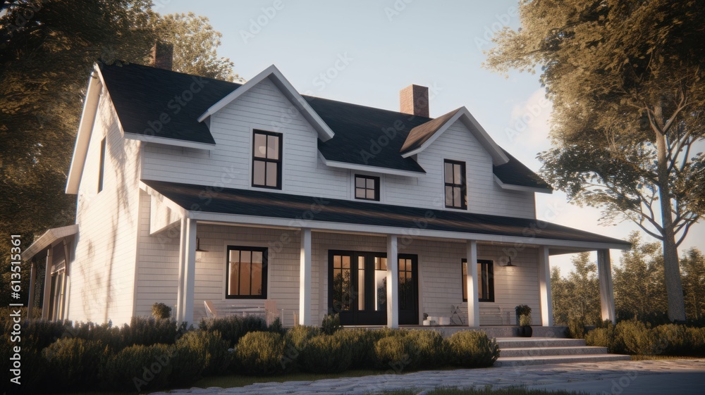 Classic American suburban modern farmhouse. Two story, white siding walls, dark shingle roof, spacious porch, neatly trimmed lawn, bright morning light. Generative AI