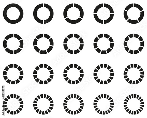 Chart segments collection. Sections and slices pack. Wheel diagrams set in black color.