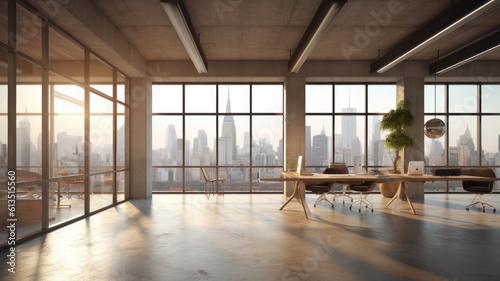 Loft-style hi-tech open space office with floor-to-ceiling windows and city view. Light-colored concrete walls and floors  large tables  comfortable chairs  desktop computers  plants in Generative AI
