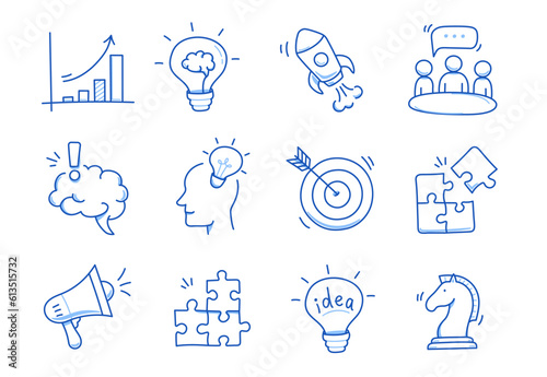 Business idea, startup doodle line icon set. Hand drawn doodle sketch line style business strategy, finance goal concept. Rocket, target, brain cute element. Vector illustration