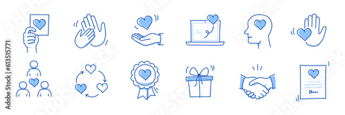 Community trust hand, social heart doodle line icon. Charity community, partnership care, people solidarity help concept icon set. Hand drawn doodle sketch style line. Vector illustration