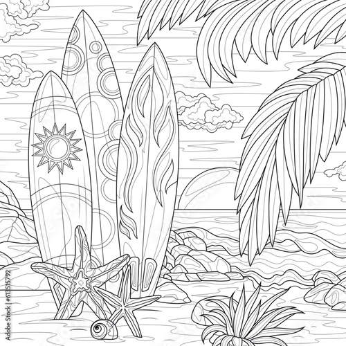 Surfboards on the beach.Coloring page antistress for children and adults. Illustration isolated on white background.Zen-tangle style
