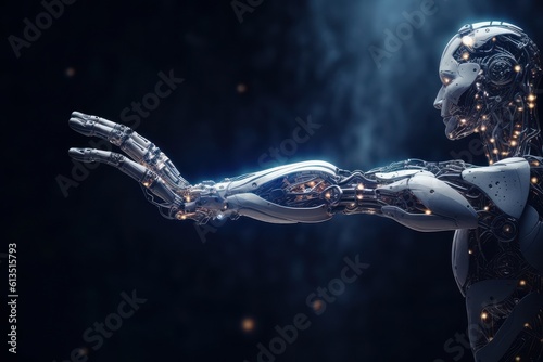Biorobot with outstretched hand, side view. Metal composite torso, head and arm. AI Humanoid. Robotics and 3D visualization technologies. Dark blue background. Copy space. Generative AI