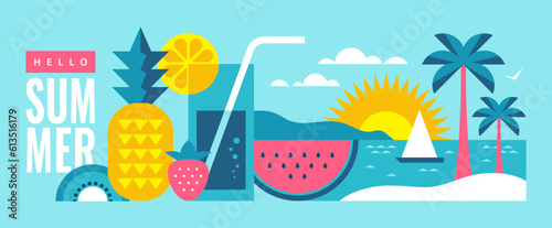 Summer banner with sea landscape and fruits.