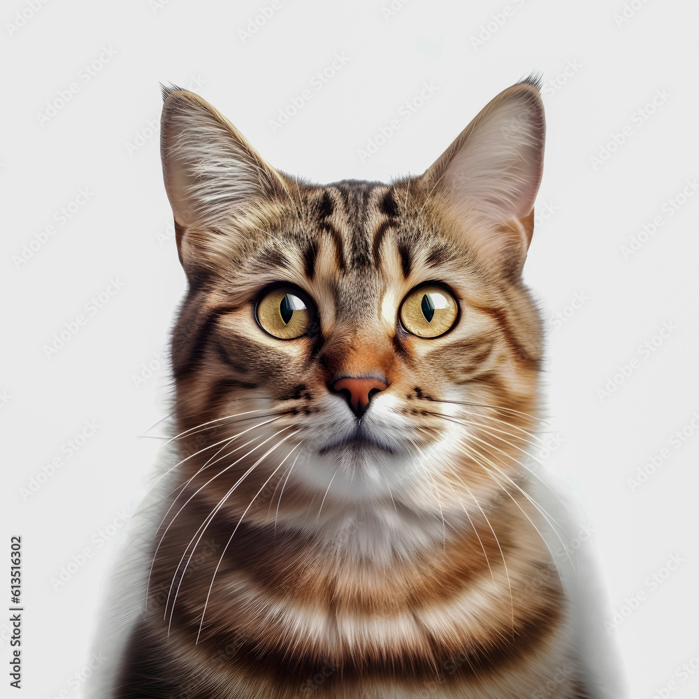 Portrait of Tabby cat looking at the camera isolated on white background