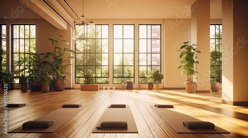 Modern yoga studio with yoga mats on the wooden floor