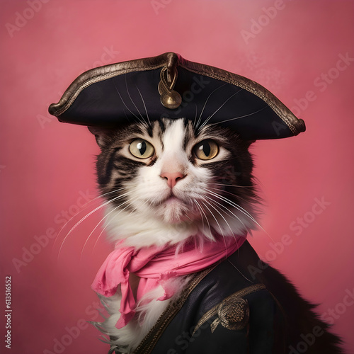 Portrait of a cute cat wearing fashionable suit and hat
