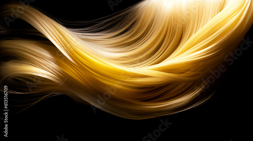 Blondie gold hair wavy strand. Isolated on black background. Shiny haircare style shampoo beautiful smooth colored hair close up photo