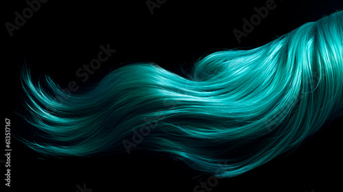 Light turquoise blue hair wavy strand. Isolated on black background. Shiny hair care style shampoo beautiful smooth colored hair close up photo