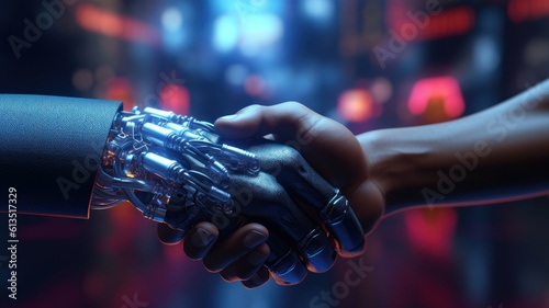 Handshake of a cyborg and a human on a red-blue blurred background. Metal hand and human hand. Futuristic digital age, robotics, digital technologies, scientific progress. Mock up, 3D Generative AI © Georgii
