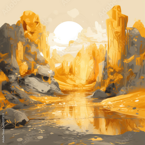 Illustration of a landscape of rocks with golden nuggets