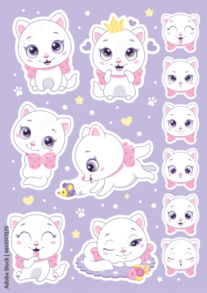 Cute cartoon cats printable stickers vector illustrations for kids Cute cartoon cats printable stickers vector illustrations for kids