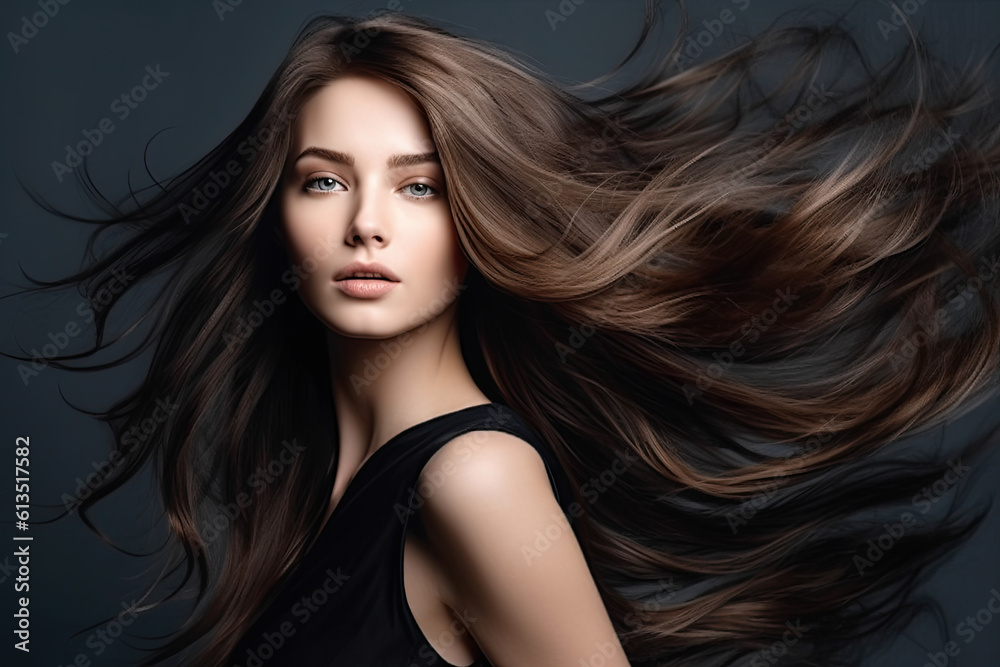 Portrait of Beautiful Brunette Woman with Long Wavy Hair. AI generative. Hair Flying in the Wind. Copy Space.