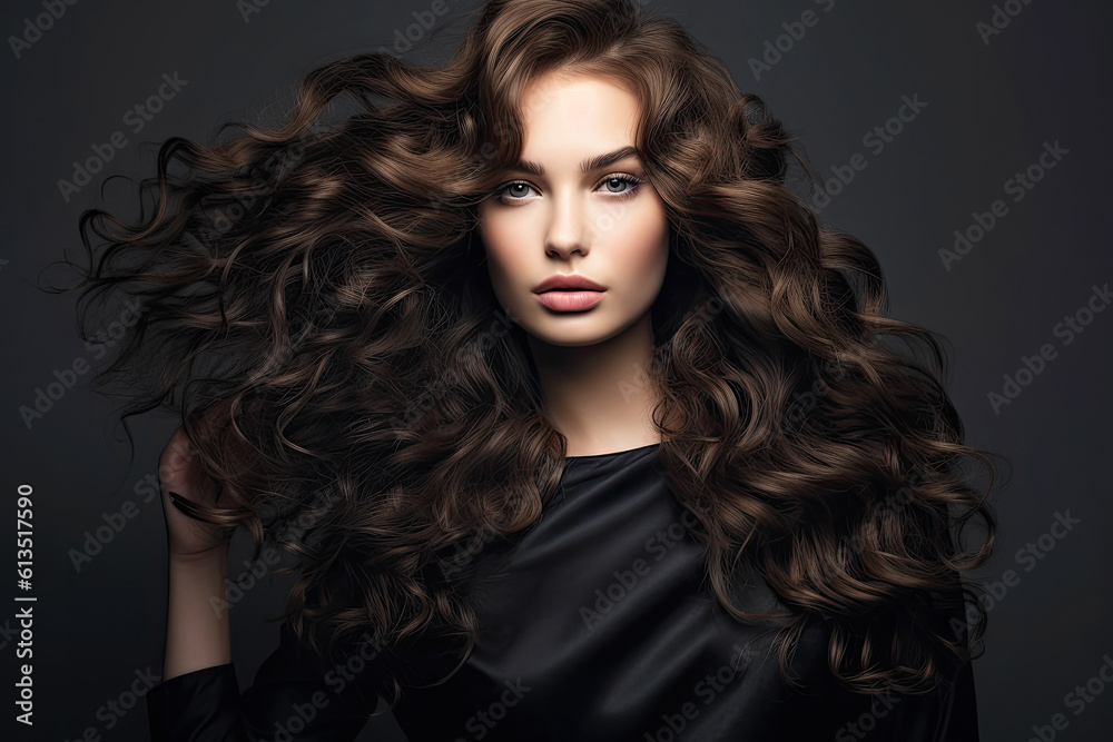 Portrait of Beautiful Brunette Woman with Long Curly Wavy Hair. AI generative. Hair Flying in the Wind. Copy Space.