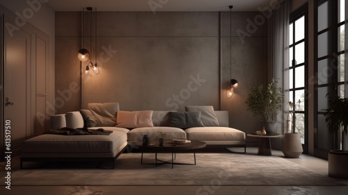 Interior of a modern cozy minimalistic living room. Stylish corner sofa with cushions, coffee table, plants in floor vases, rug, wall sconces, decorations in modern home decor. Mockup, Generative AI © Georgii