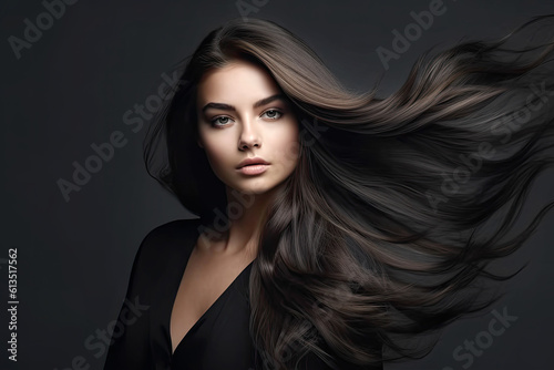 Portrait of Beautiful Brunette Woman with Long Straight Hair. AI generative. Hair Flying in the Wind. Copy Space.