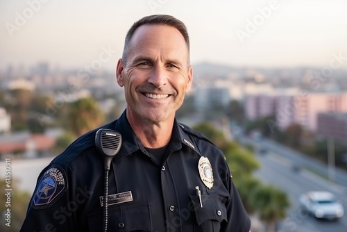 Fotobehang Portrait of mature male police officer smiling at camera while standing outdoors