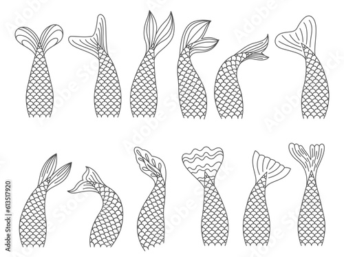 Mermaid tails flipper creature hand drawn black monochrome line art set vector illustration