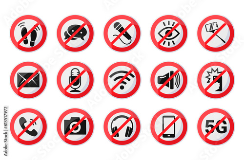 No sound allowed sign circle minimalist badge red crossed frame set vector flat illustration
