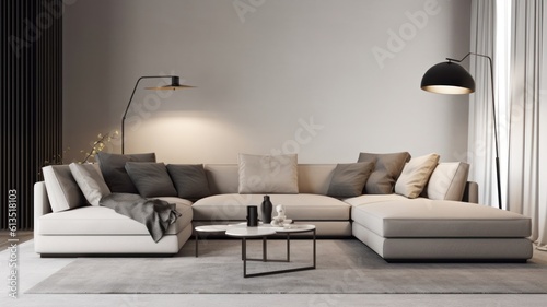 Modern minimalist living room. White empty walls, large corner sofa, round coffee table, floor lamps, gray carpet on the floor, gray curtains on the window. Mockup, 3D rendering. Generative AI