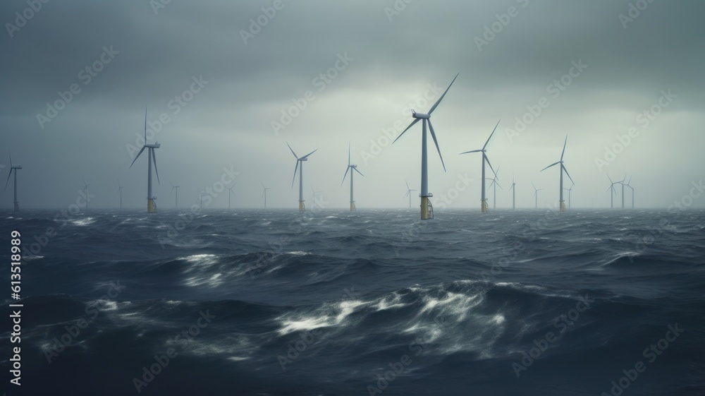Wind turbines in a stormy northern sea against a gloomy gray sky. Sustainable energy production, clean energy. Renewable energy concept. 3D illustration. Generative AI