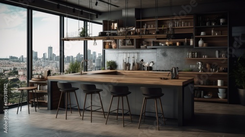 Modern loft kitchen with breakfast bar in an urban luxury apartment. Concrete walls and floor, wooden bar counter with bar stools, open shelves, floor-to-ceiling windows with city view. Generative AI